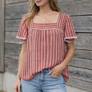 St. John’s Bay Red White Striped Square Neck Cotton Blouse XL